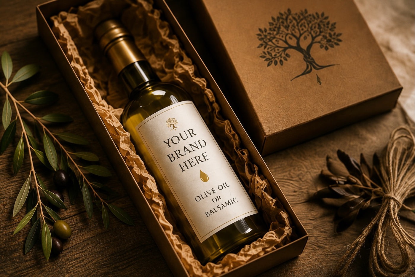 A private label olive oil bottle resting in an embossed Olive Tree Marketplace gift box with olive sprigs, shown as an example of custom and corporate gifting