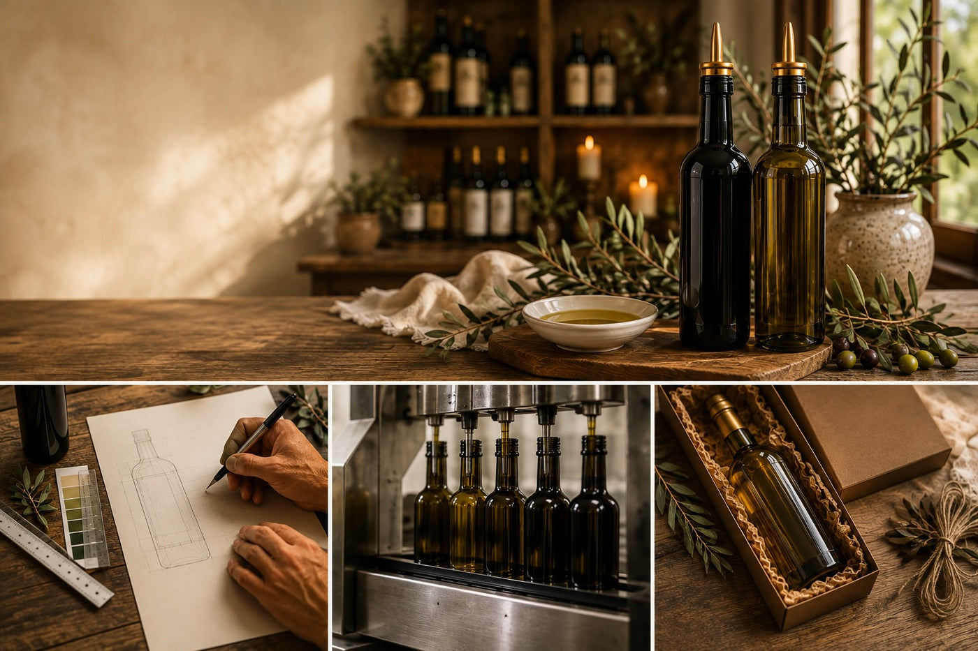 Olive Tree Marketplace wholesale — shelves of olive oil bottles behind a wooden counter, with smaller images of a bottle design being sketched, bottles moving along the filling line, and a finished bottle in a presentation box