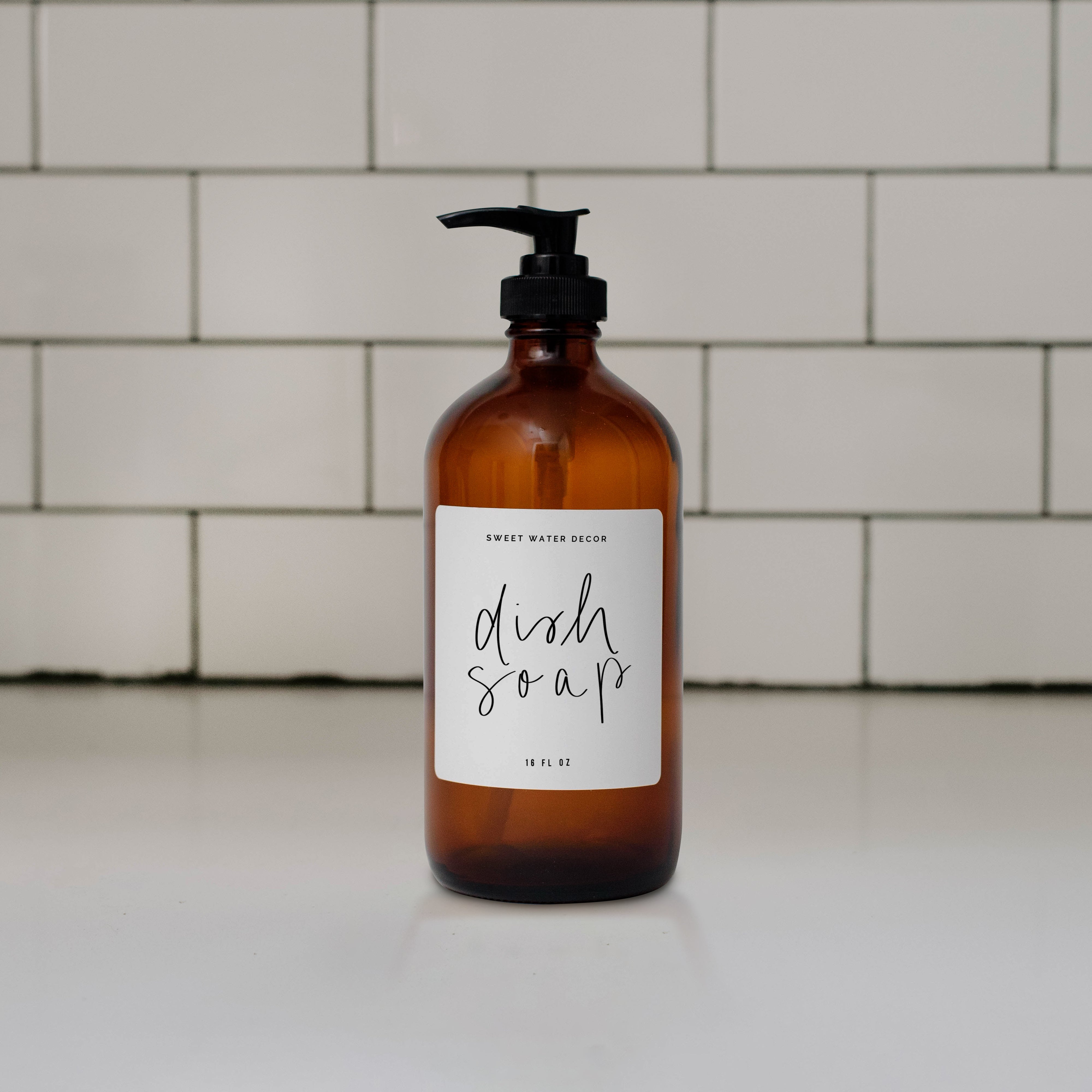 16oz Amber Glass Dish Soap Dispenser - White Label