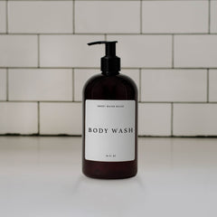 16oz Amber Plastic Body Wash Dispenser - White Text Label