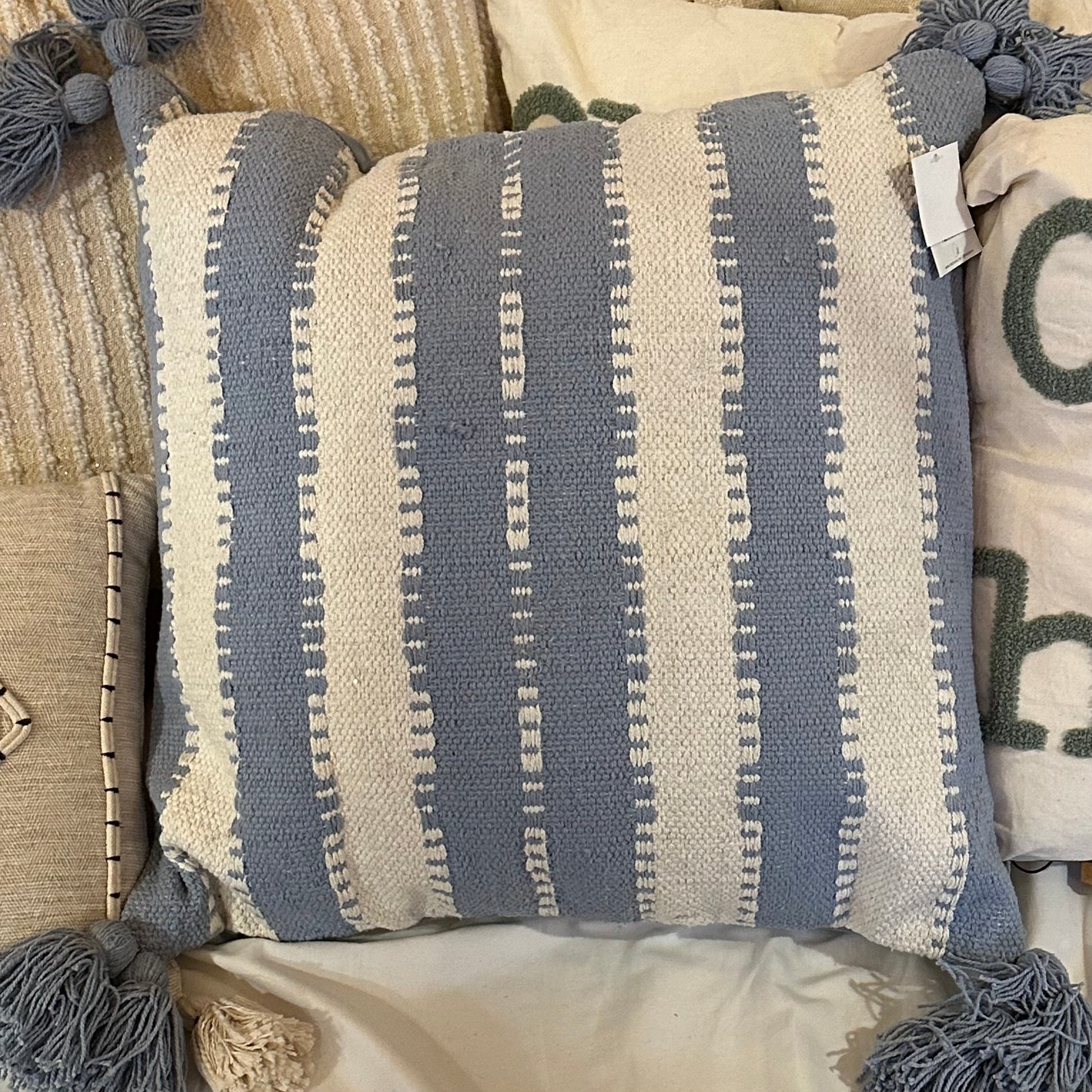 Blue &amp; White Striped Pillow w/ Pom
