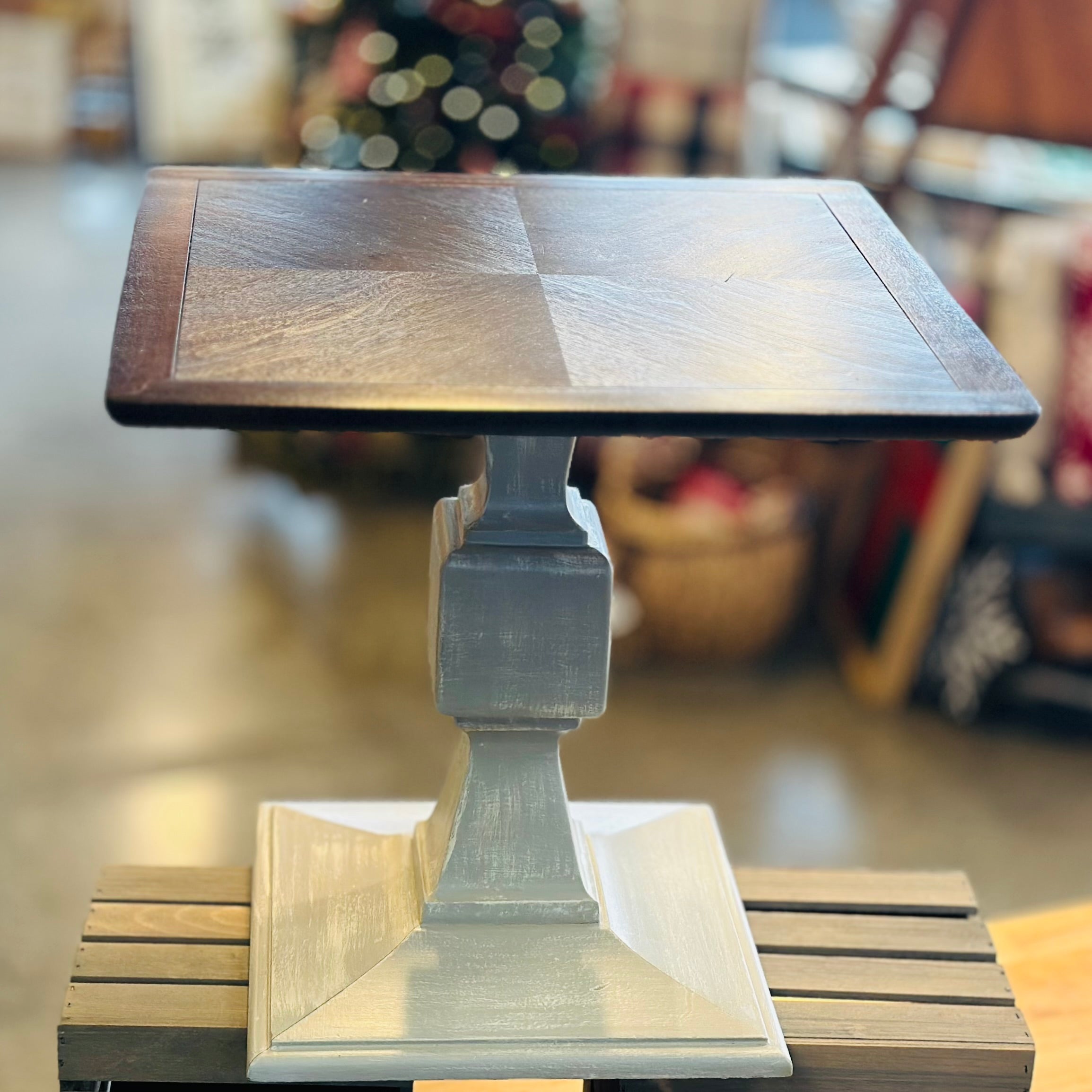 Distressed Grey End Table w/ Wood Top