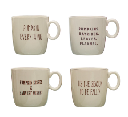 Stoneware Mug w/ Fall Saying, Cream Color &amp; Brown