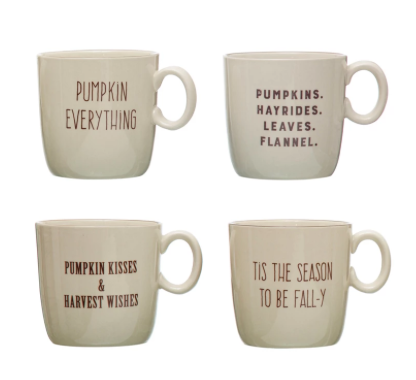 Stoneware Mug w/ Fall Saying, Cream Color & Brown