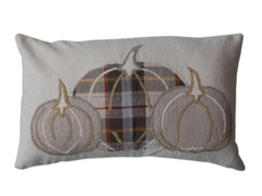 Cotton & Linen Lumbar Pillow with Appliqued Pumpkins & Chambray Back