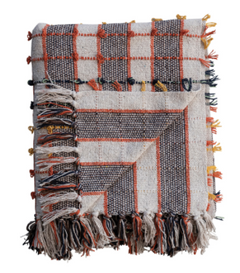 Woven Cotton Blend Throw with Knots and Fringe