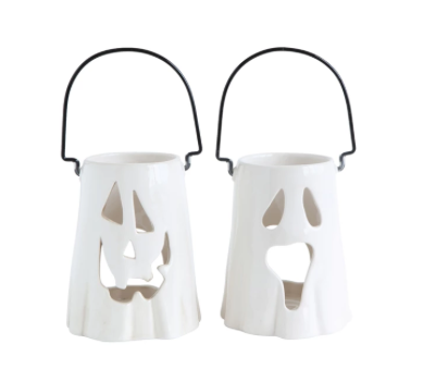 Ceramic Ghost Lantern with Metal Handle