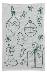 Woven Cotton &amp; Linen Tea Towel w/ Embroidered Holiday Icons, 3 Colors, 3 Styles