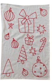 Woven Cotton &amp; Linen Tea Towel w/ Embroidered Holiday Icons, 3 Colors, 3 Styles