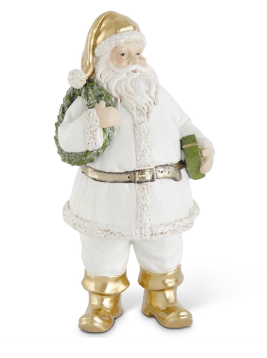 9 Inch White & Gold Resin Santa w/Wreath & Pack