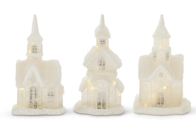 LED Glittered Frosted Glass Houses w/Snow & Timers