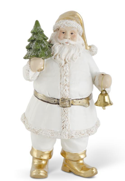 7.5 Inch White & Gold Resin Santa w/Tree & Bell