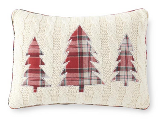 14 Inch Cream Cable Knit Pillow w/3 Plaid Trees