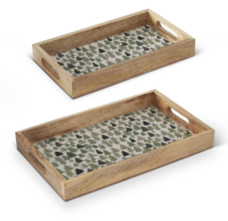 Wood Trays w/Christmas Trees Enameled Interior