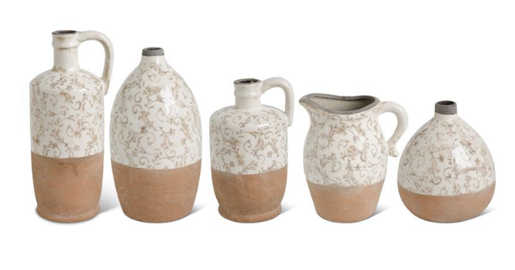 Cream Ceramic Vases with Tan Floral Pattern