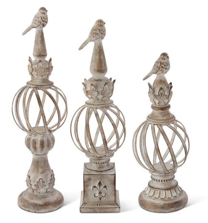 Whitewashed Metal Ball Finials with Resin Bird Tops