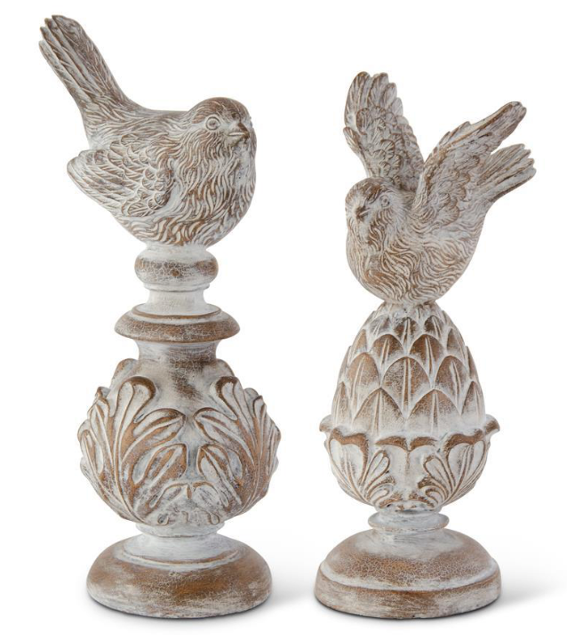 Whitewashed Carved Resin Finials with Bird Top