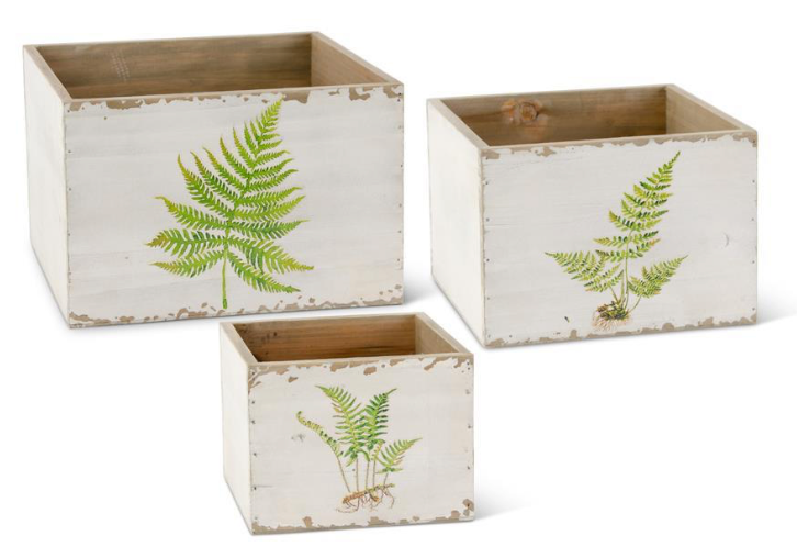 White Wood Nesting Boxes with Fern Decals