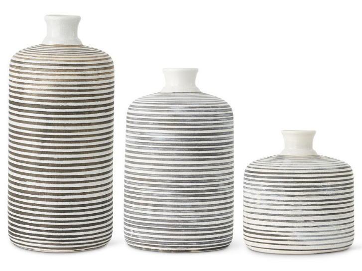 Fluted Neck White Crackle &amp; Gray Striped Ceramic Vases