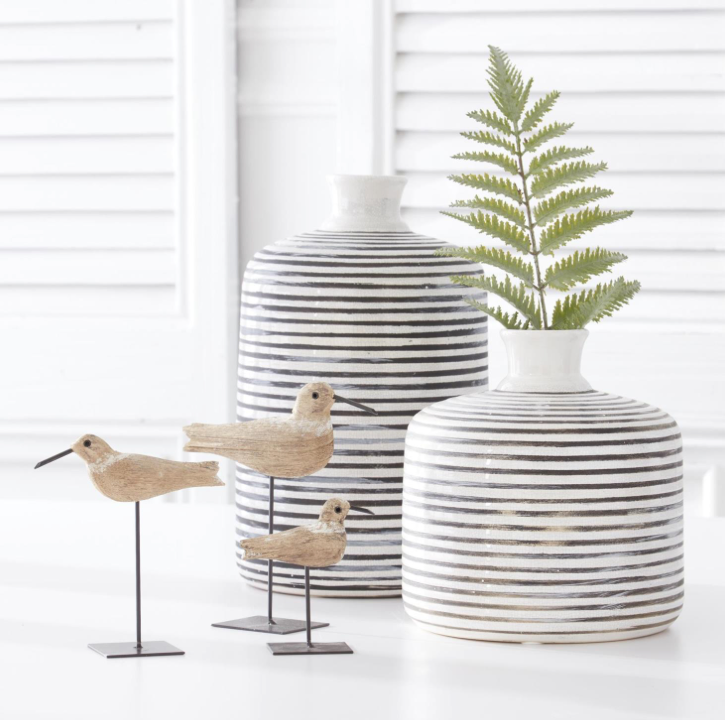 Fluted Neck White Crackle &amp; Gray Striped Ceramic Vases