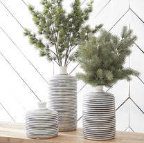 Fluted Neck White Crackle &amp; Gray Striped Ceramic Vases