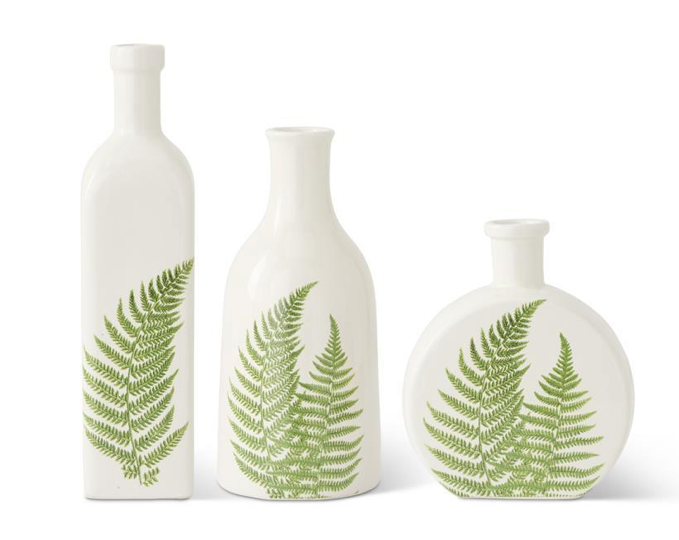 White Ceramic Square Bottles with Green Fern