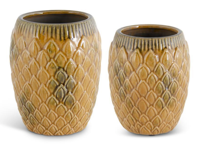 Crackled Butterscotch Ceramic Vases with Embossed Petals