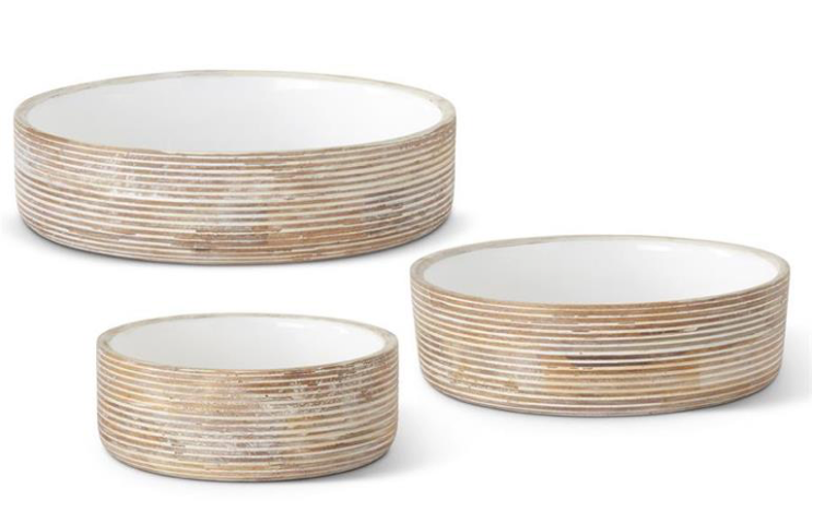 Ribbed Whitewashed Mango Wood Bowls with White Enamel Centers