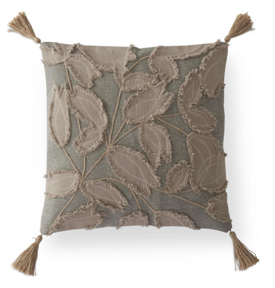 20 Inch Square Gray Pillow w/Taupe Leaf Embroidered