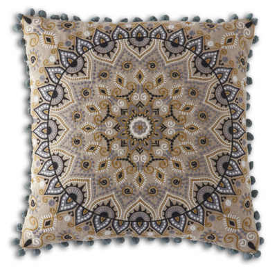 16 Inch Square Blue & Cream Embroidered Mandala Pillow with Pom Pom Trim