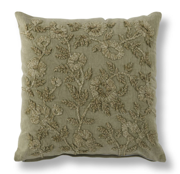 20 Inch Cotton Stone Washed Sage Green Floral Embroidered Pillow