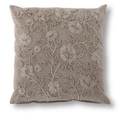 20 Inch Cotton Stone Washed Taupe Floral Embroidered Pillow