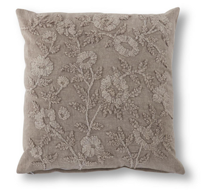 20 Inch Cotton Stone Washed Taupe Floral Embroidered Pillow