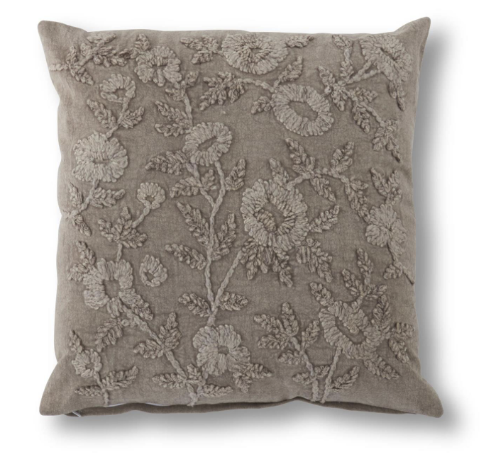 20 Inch Cotton Stone Washed Taupe Floral Embroidered Pillow