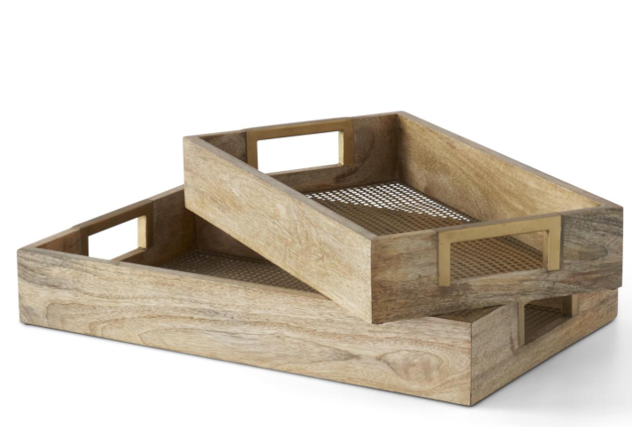 Nesting Natural Wood Trays with Gold Mesh Bottom