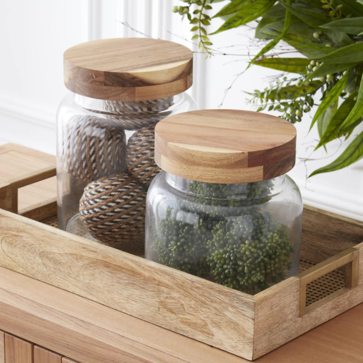 Nesting Natural Wood Trays with Gold Mesh Bottom