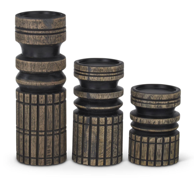 Black & Natural Mango Wood Geometric Candleholder