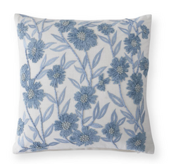 18 Inch Square White Linen & Blue Embroidered Floral Pillow