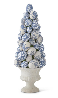 15 Inch Blue & White Floral Fabric Egg Topiary