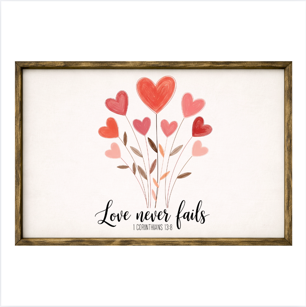 Love Never Fails – Rustic Wood Framed Sign