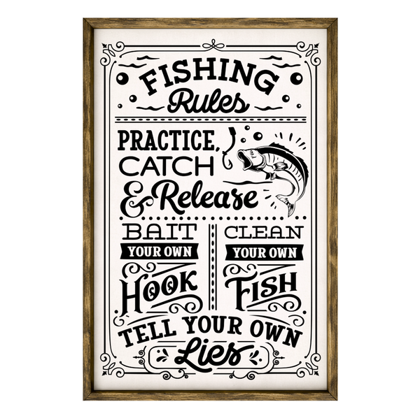 Fishing Rules – Rustic Wood Framed Sign – Olive Tree Marketplace