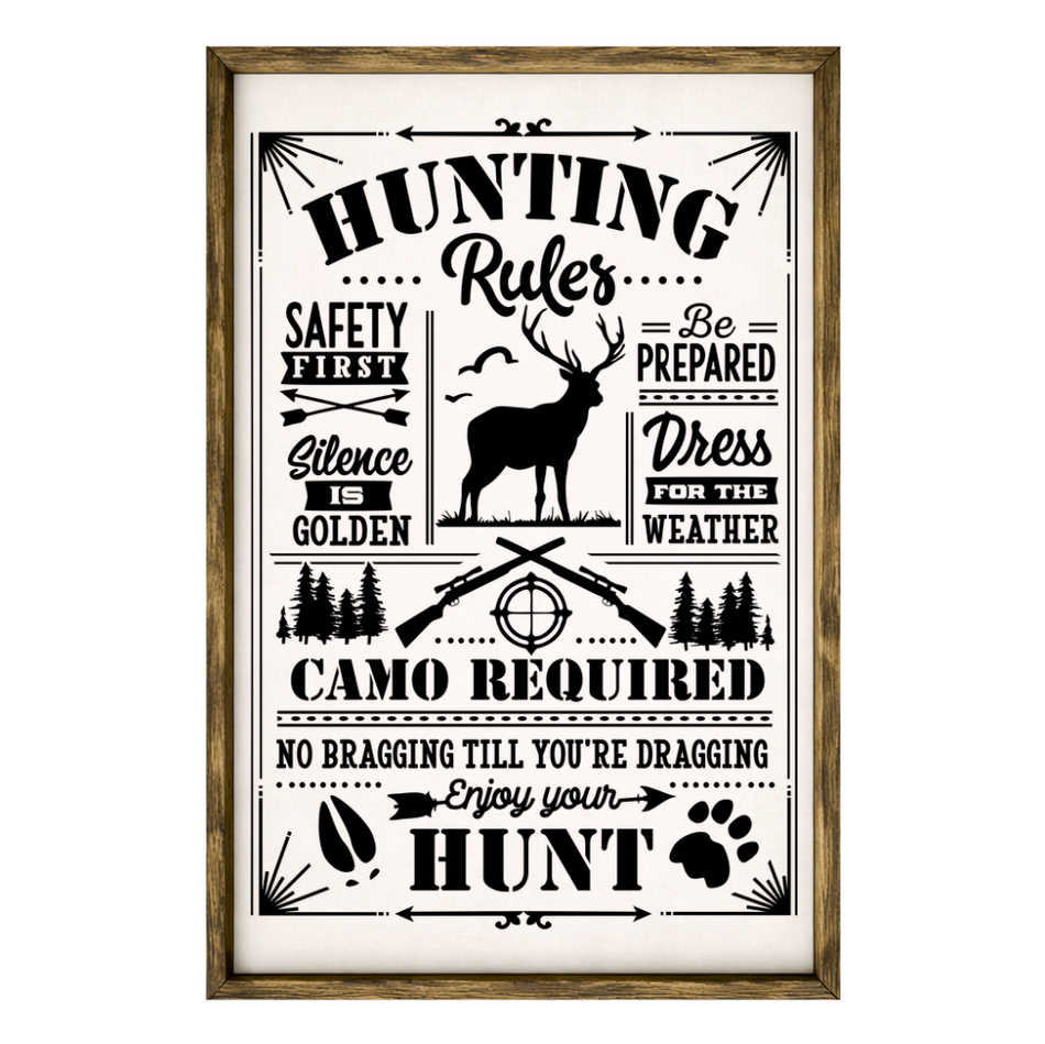 Hunting Rules – Rustic Wood Framed Sign – Olive Tree Marketplace