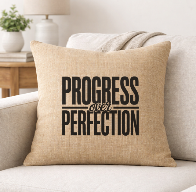 Progress Over Perfection – Faith-Inspired Linen Throw Pillow