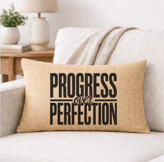 Progress Over Perfection – Faith-Inspired Linen Throw Pillow