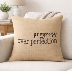 Progress Over Perfection – Faith-Inspired Linen Throw Pillow