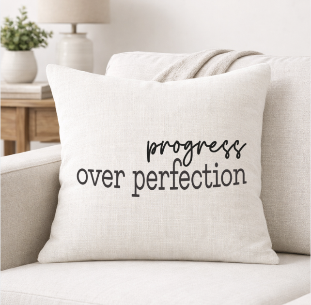 Progress Over Perfection – Faith-Inspired Linen Throw Pillow