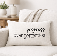 Progress Over Perfection – Faith-Inspired Linen Throw Pillow