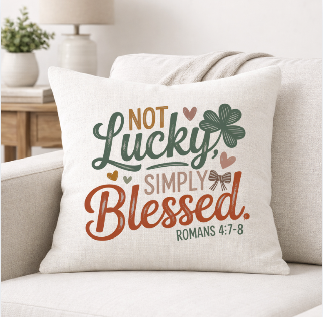 Not Lucky Simply Blessed – Faith-Inspired Linen Throw Pillow