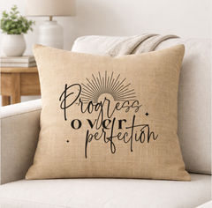 Progress Over Perfection – Faith-Inspired Linen Throw Pillow