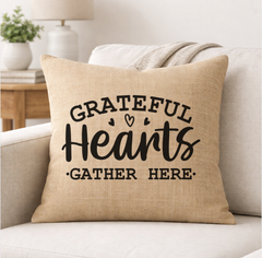 Grateful Hearts Gather Here – Faith-Inspired Linen Throw Pillow